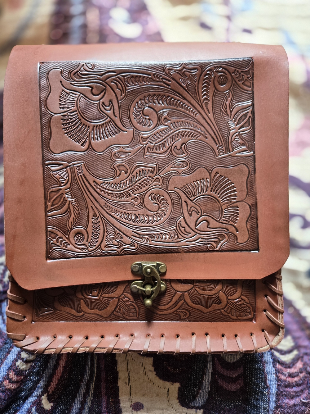 Tooled Leather Crossbody Bag in Warm Tan